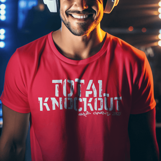 Model wearing unisex typography t-shirt with “Total Knockout” bold combat design, casual cotton tee by LostLogicCo Canada