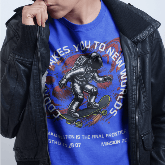 Youth wearing “Astro Skater” kids astronaut t-shirt, sporty moisture-wicking youth tee by LostLogicCo Canada