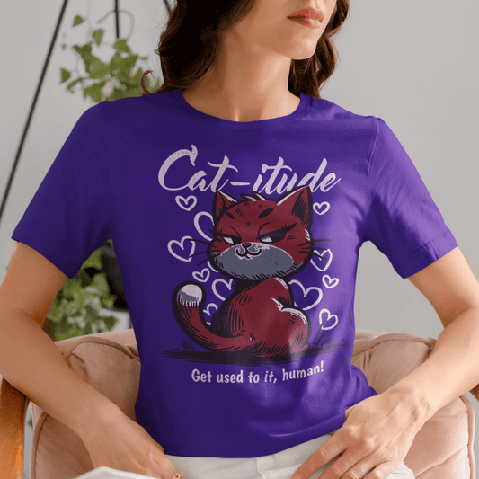 Model wearing “Cat-itude Get Used to It Human” funny cat t-shirt with red cat graphic and bold typography, unisex sports tee by LostLogicCo Canada