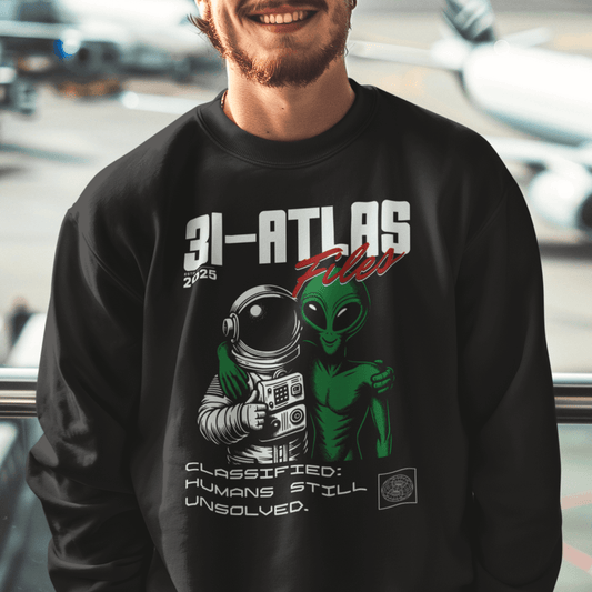 Model wearing unisex sci-fi humor sweatshirt with astronaut and alien graphic and retro text by LostLogicCo Canada.