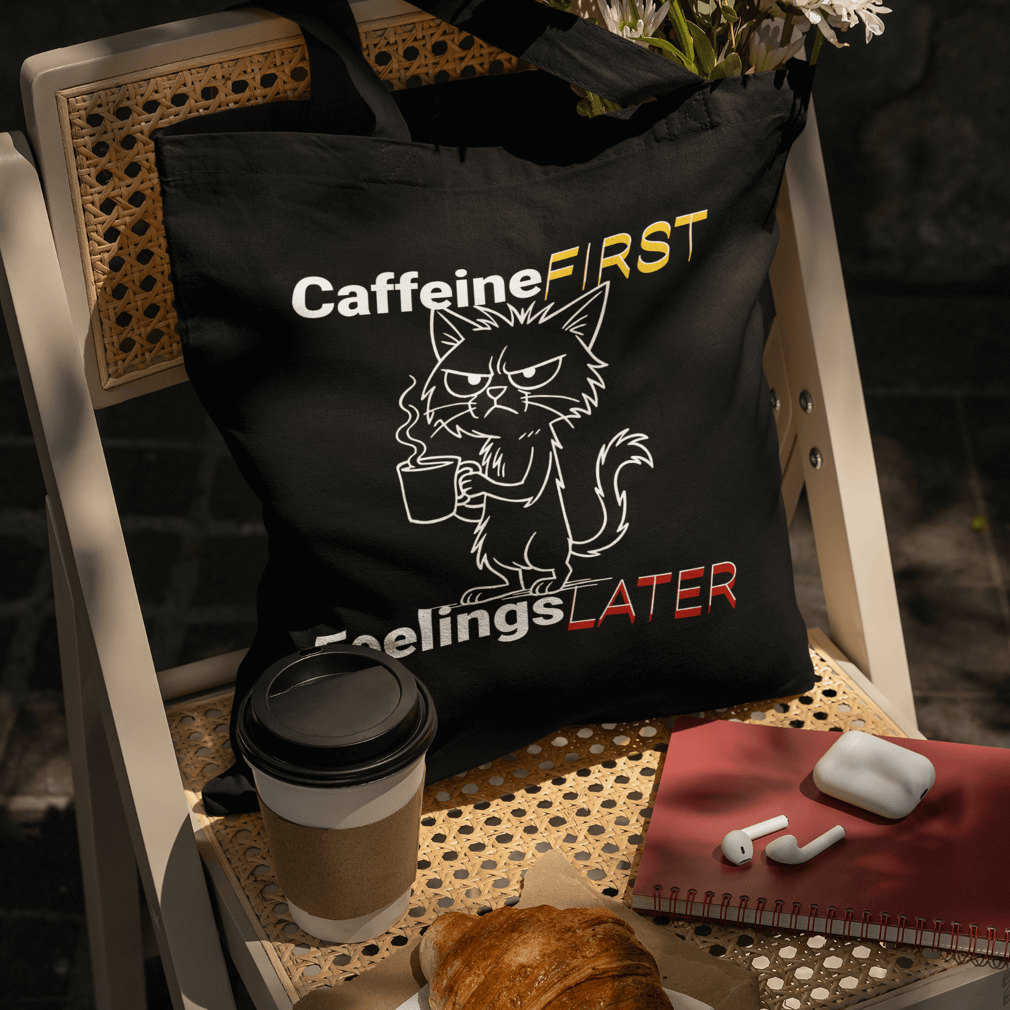 Eco tote bag with “Caffeine First Feelings Later” funny cat design in black, yellow, and red on organic cotton by LostLogicCo Canada.