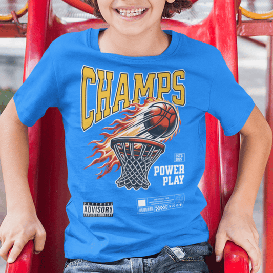 Child wearing “Champs Power Play” basketball kids t-shirt, sporty youth moisture-wicking tee by LostLogicCo Canada