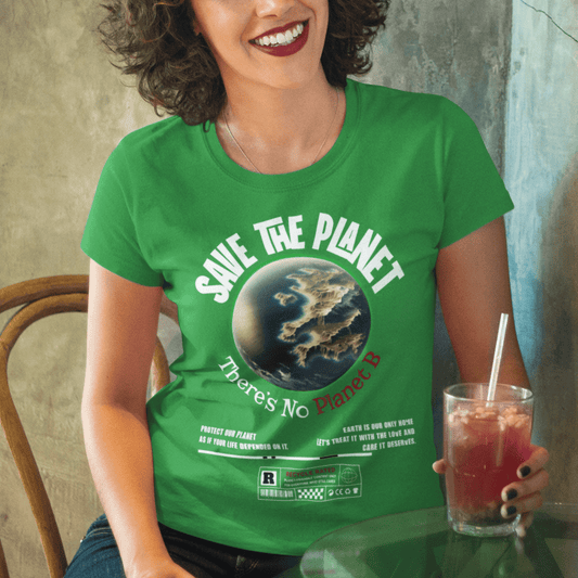 Model wearing “Save The Planet There’s No Planet B” t-shirt with Earth graphic, environmental message tee by LostLogicCo Canada