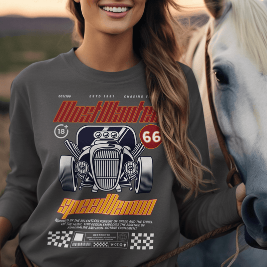 Model wearing unisex “Most Wanted Speed Demon” sweatshirt featuring vintage car and typography design, cozy crewneck by LostLogicCo Canada