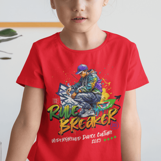 Child wearing “Rule Breaker” graffiti-style streetwear t-shirt, casual sports youth tee by LostLogicCo Canada