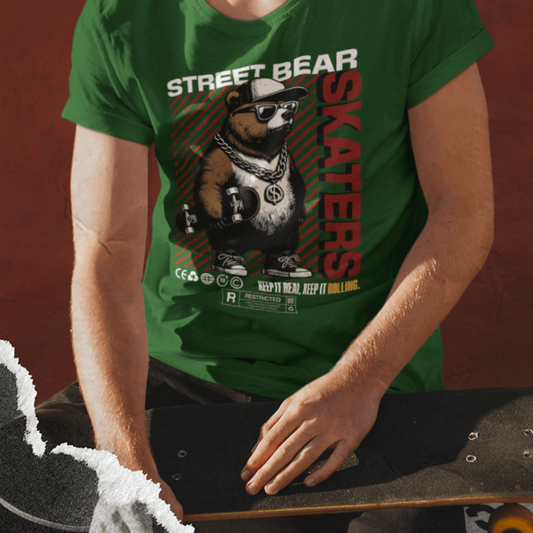 Model wearing “Street Bear Skaters” unisex t-shirt featuring stylish bear illustration and bold red design, streetwear tee by LostLogicCo Canada