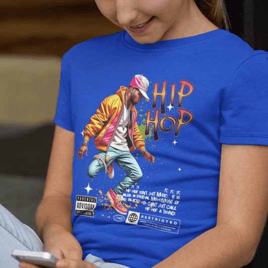 Child wearing youth “Hip Hop” streetwear dance t-shirt, sporty cotton-poly tee by LostLogicCo Canada