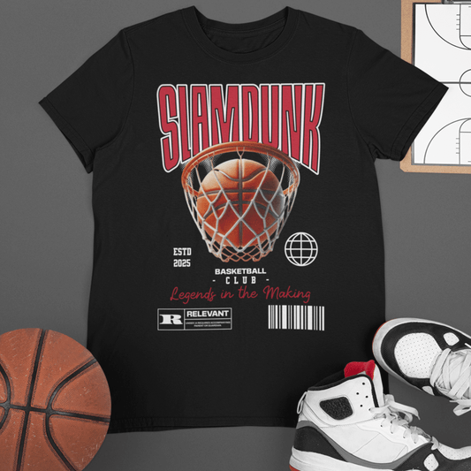 Youth t-shirt with “Slam Dunk Legends in the Making” basketball design, moisture-wicking fabric sports tee by LostLogicCo Canada
