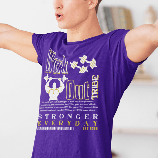 Model wearing “Work Out Tribe Stronger Everyday” gym motivation t-shirt, unisex DryBlend workout tee by LostLogicCo Canada