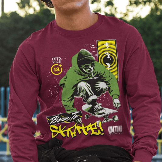 Model wearing “Born To Skate” unisex sweatshirt with green and yellow streetwear skateboard design, cozy crewneck by LostLogicCo Canada