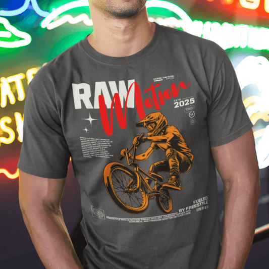 Person wearing “RAW Motion 2025” BMX sports t-shirt, unisex activewear graphic tee by LostLogicCo Canada