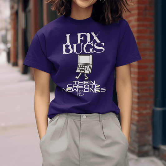Model wearing purple unisex t-shirt featuring “I Fix Bugs” coding humor typography and computer graphic, developer apparel by LostLogicCo Canada