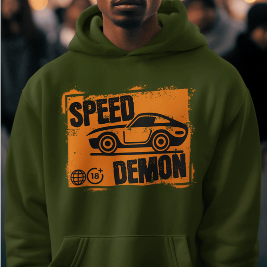Model wearing green hoodie featuring bold “Speed Demon” car illustration, unisex automotive streetwear by LostLogicCo Canada