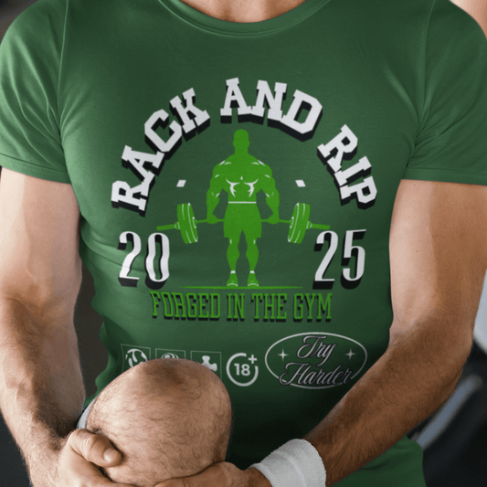 Model wearing “RACK AND RIP Forged in the Gym” unisex DryBlend fitness t-shirt with bold green weightlifter print by LostLogicCo Canada