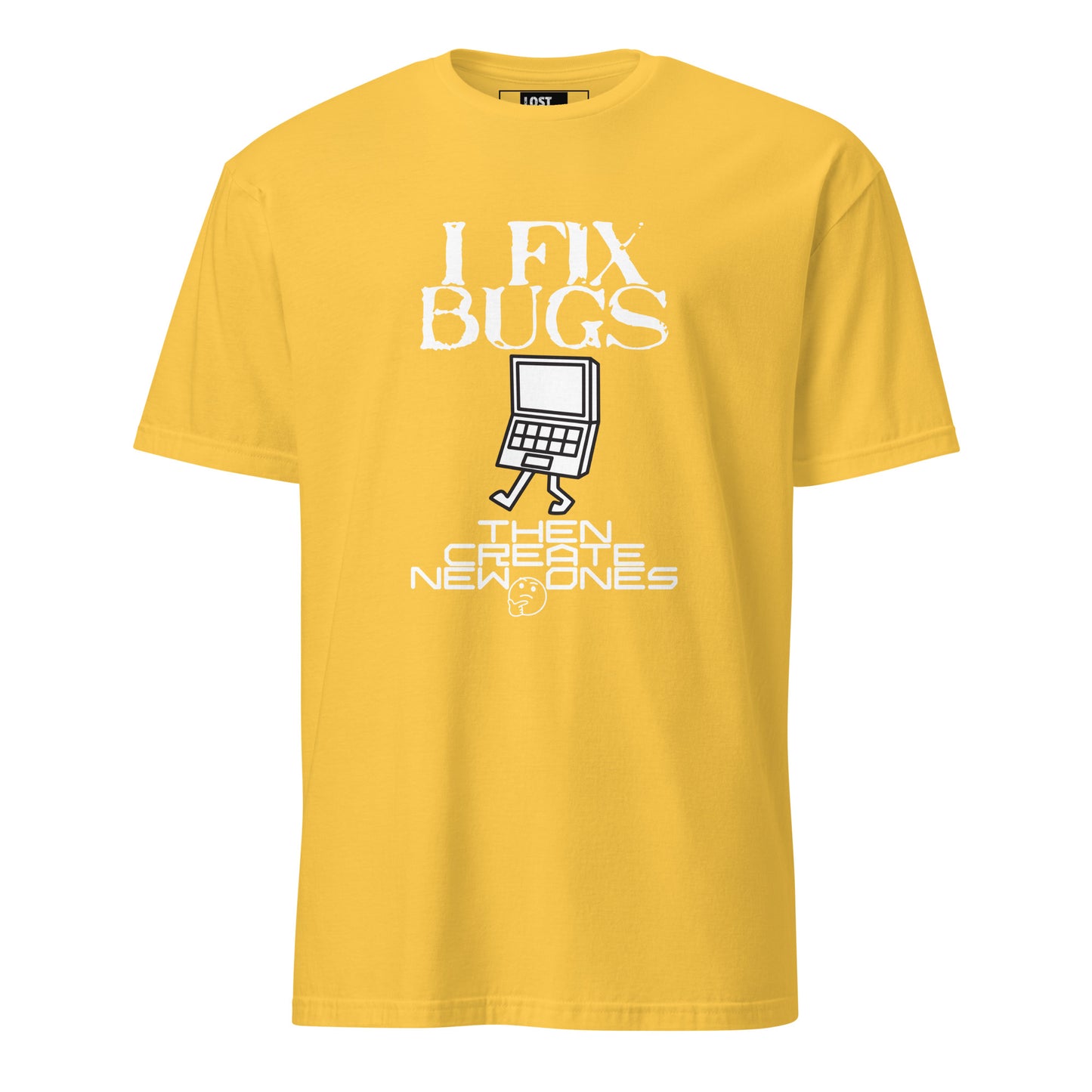 Unisex yellow t-shirt with “I Fix Bugs There Are No More” programmer humor text and retro computer graphic, tech humor design by LostLogicCo Canada