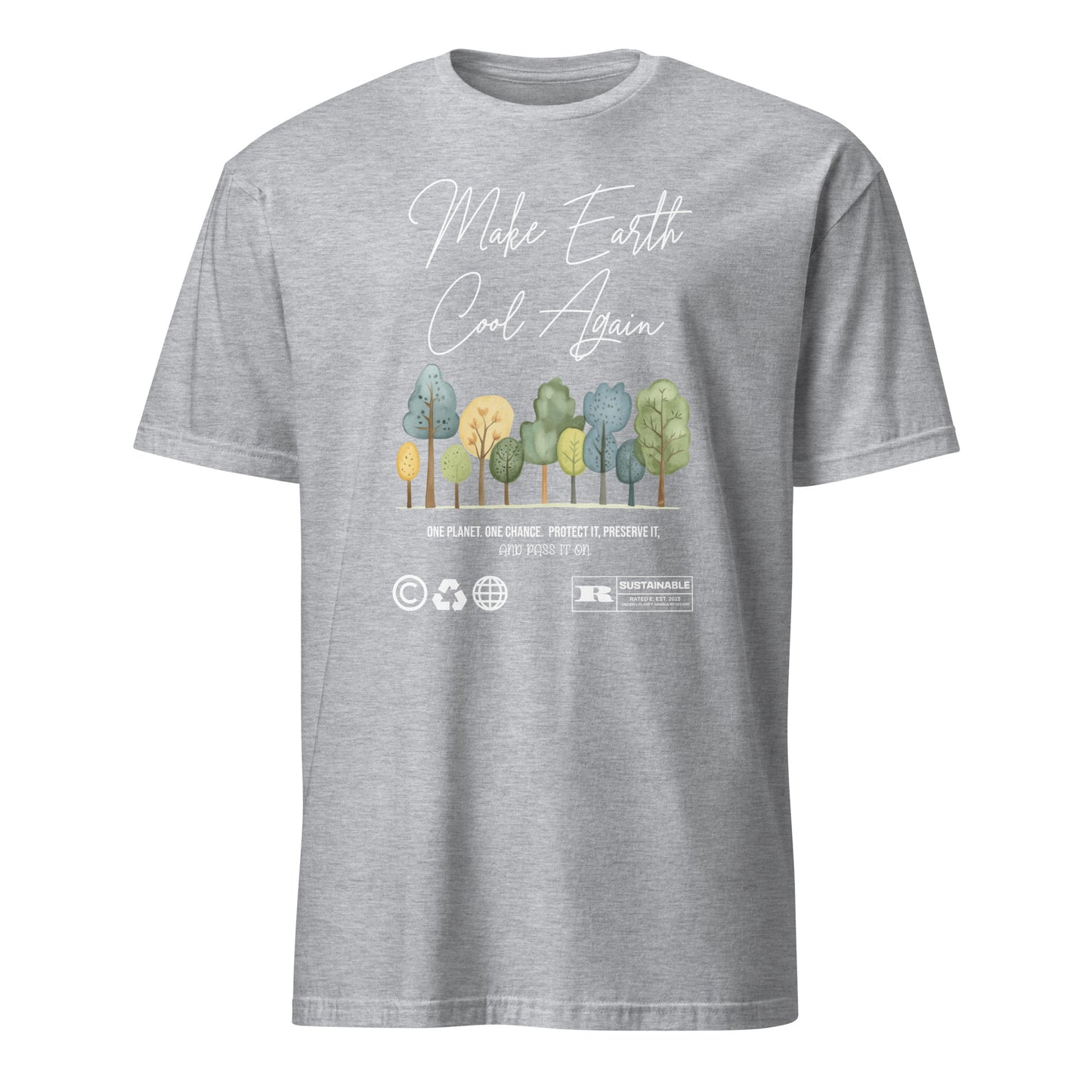 Unisex t-shirt with “Make Earth Cool Again” typography and pastel tree illustration, eco-awareness cotton tee by LostLogicCo Canada