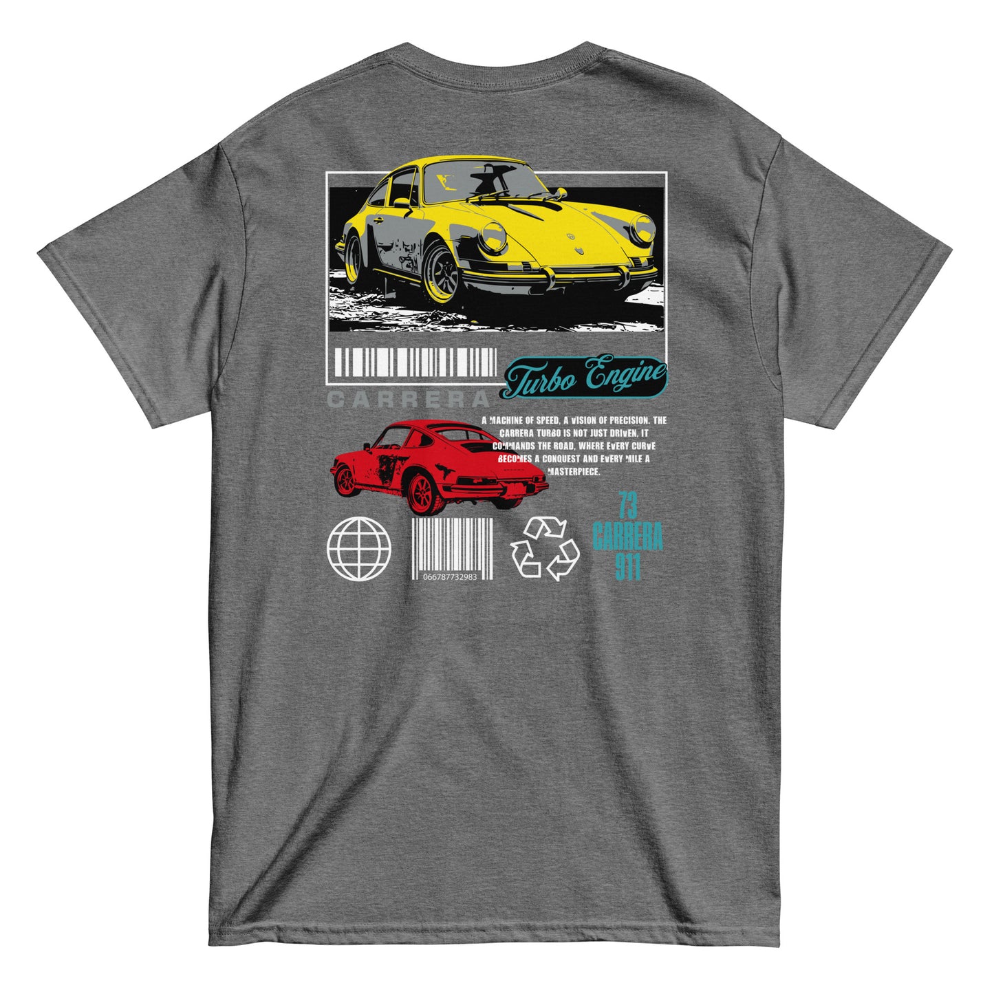 Unisex t-shirt with back print featuring yellow and red Carrera 911 car design and “Turbo Engine” text, car graphic tee by LostLogicCo Canada