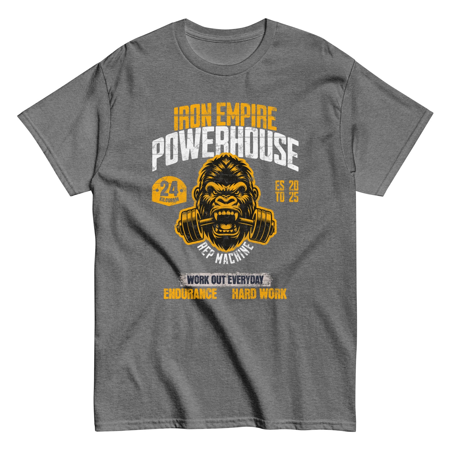 Unisex gym graphic t-shirt with “Iron Empire Powerhouse” gorilla design, cotton short sleeve tee by LostLogicCo Canada