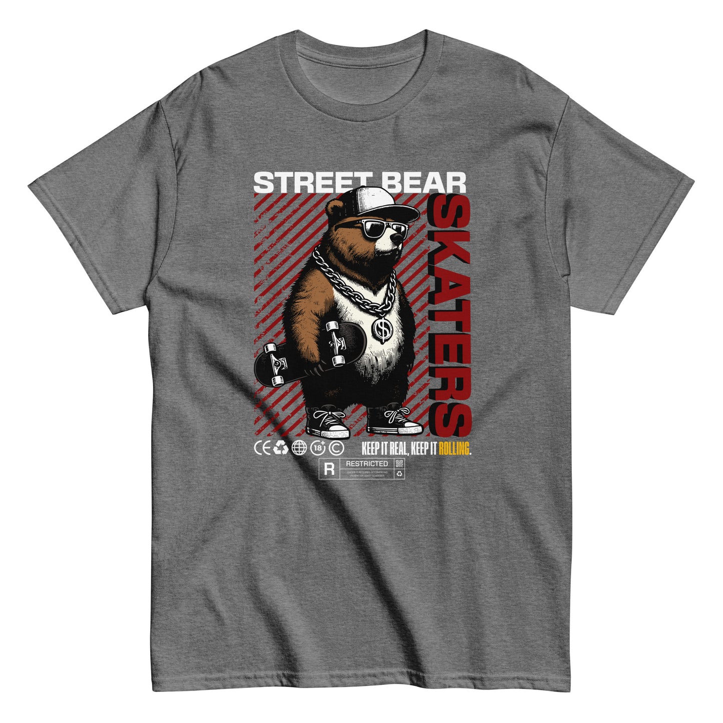 Unisex t-shirt with “Street Bear Skaters” design featuring cool bear with skateboard, red streetwear typography, cotton tee by LostLogicCo Canada