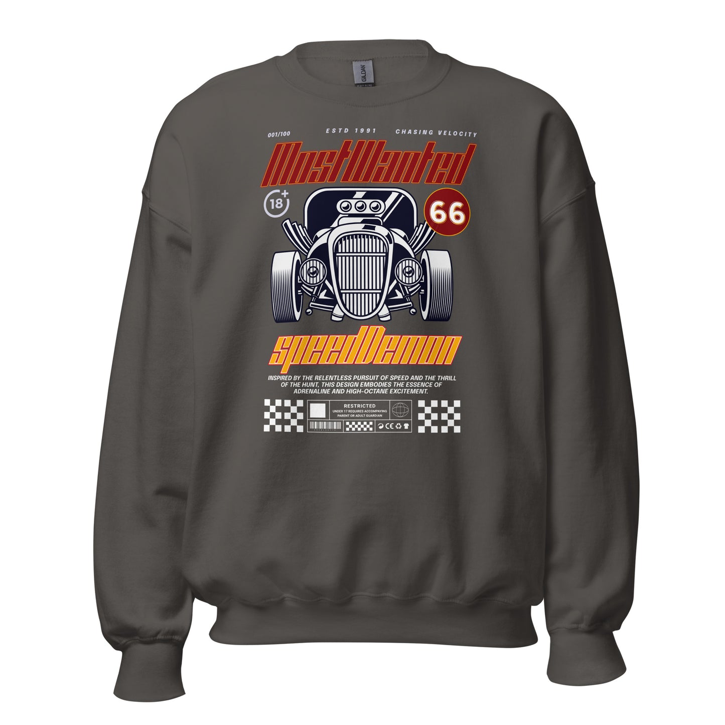 Unisex sweatshirt with “Most Wanted Speed Demon” retro hot rod design, classic crewneck pullover by LostLogicCo Canada