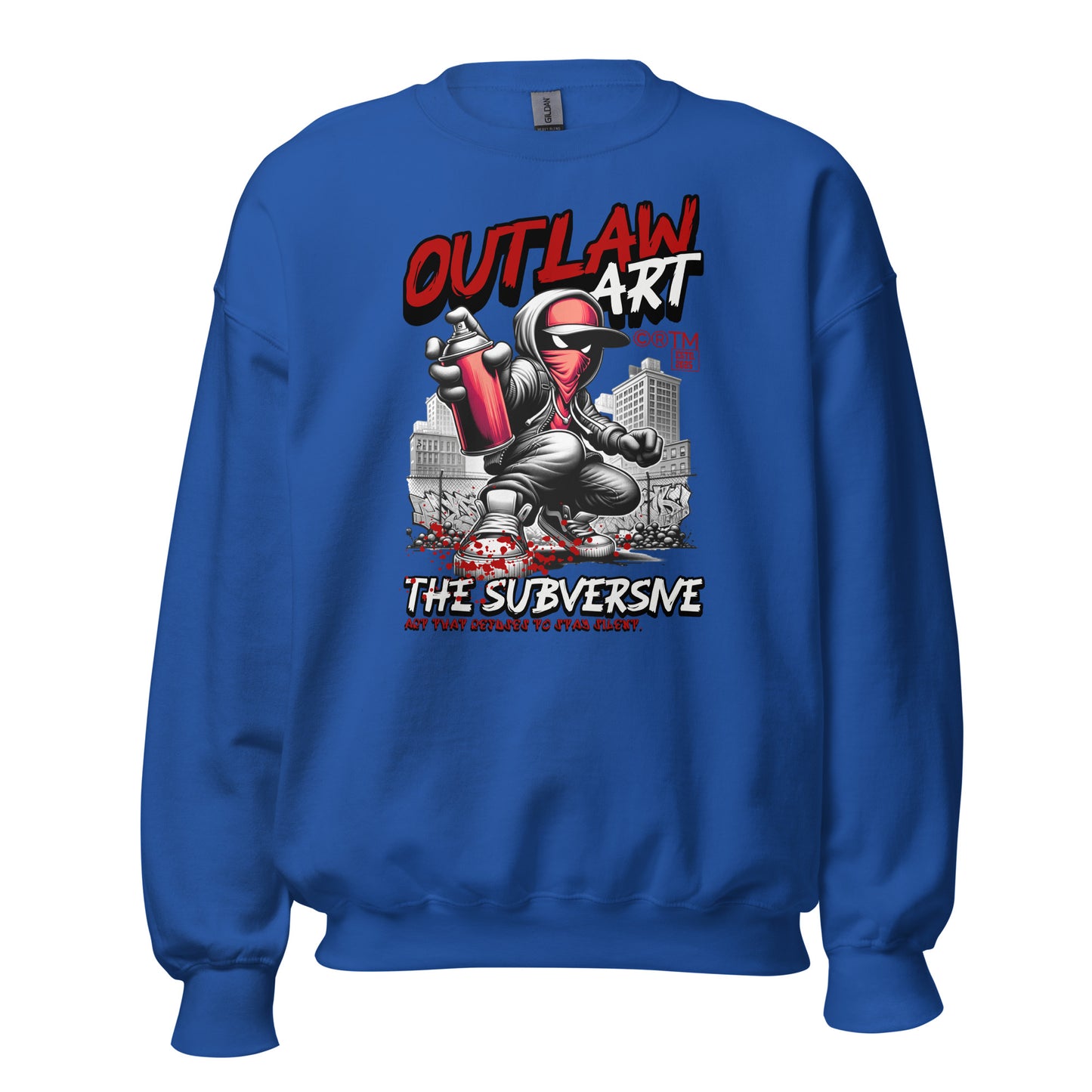 Unisex crewneck sweatshirt with outlaw art illustration and bold typography, street art graphic by LostLogicCo Canada