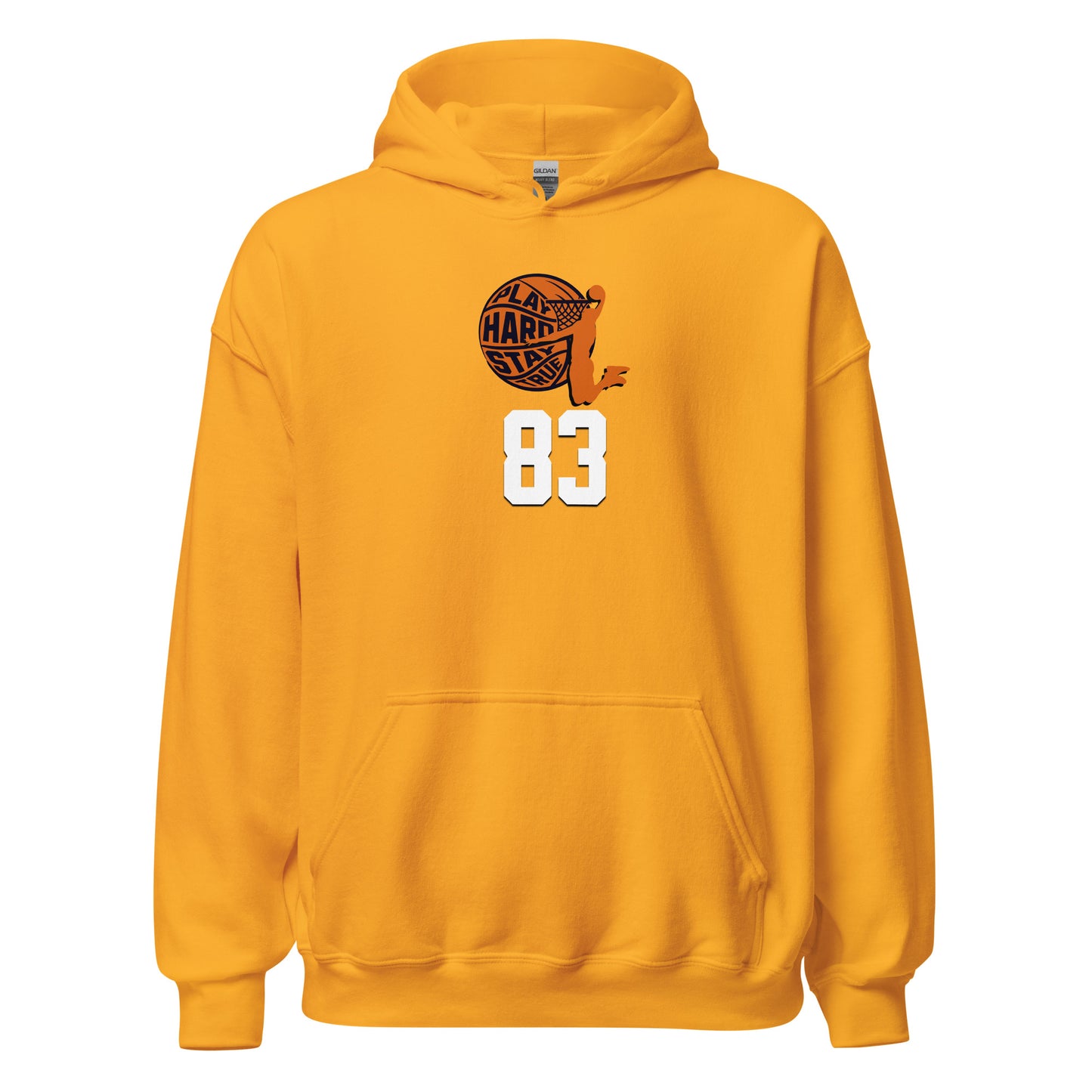 Unisex hoodie with “83” numeric graphic and Hard Mode badge in orange and white, gamer streetwear design by LostLogicCo Canada