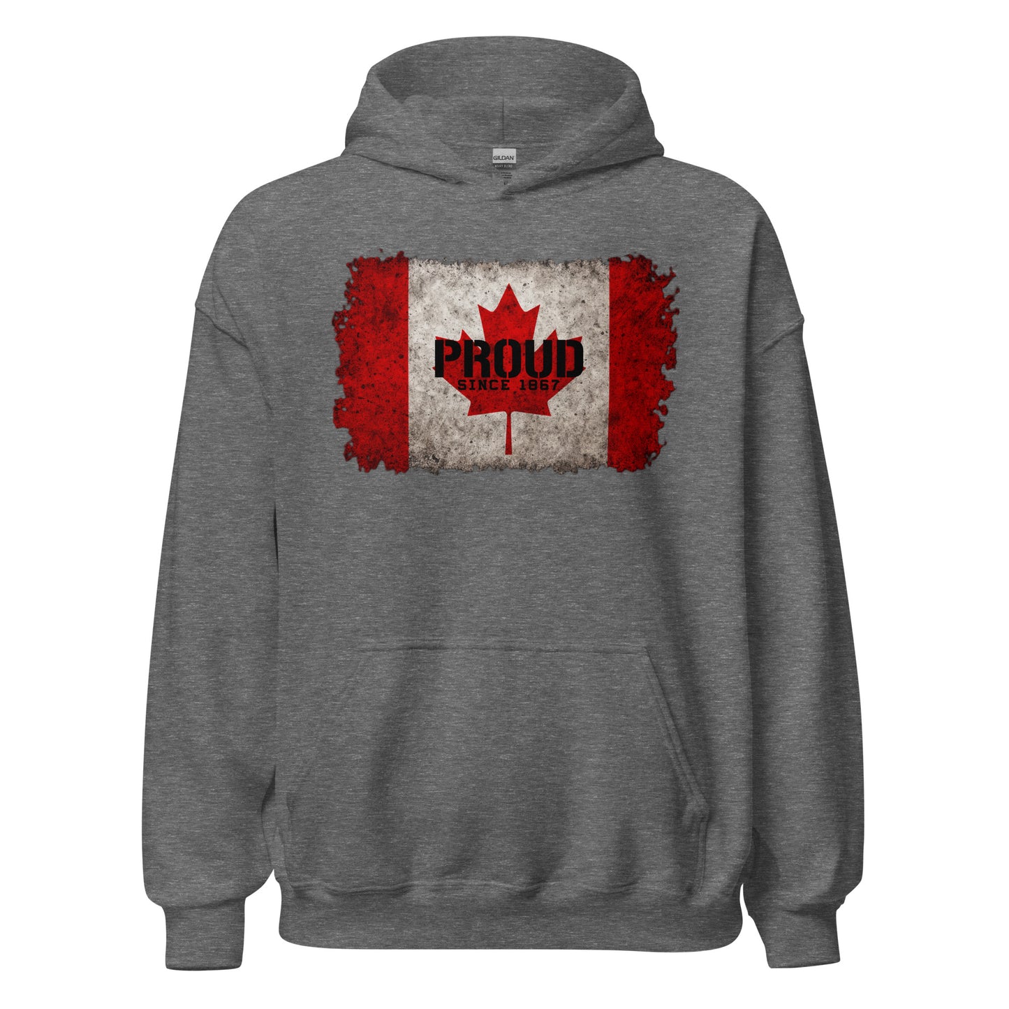 Unisex hoodie with distressed Canadian flag and maple leaf âProudâ graphic, patriotic fleece hoodie by LostLogicCo Canada