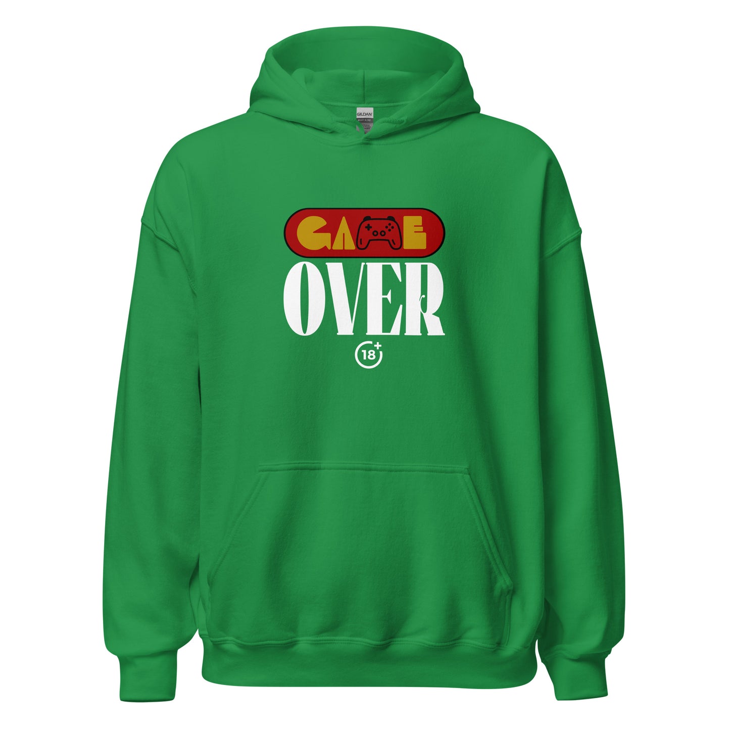 Unisex hoodie with āGame Overā retro gaming graphic in red, yellow, and white, black fleece hoodie by LostLogicCo Canada