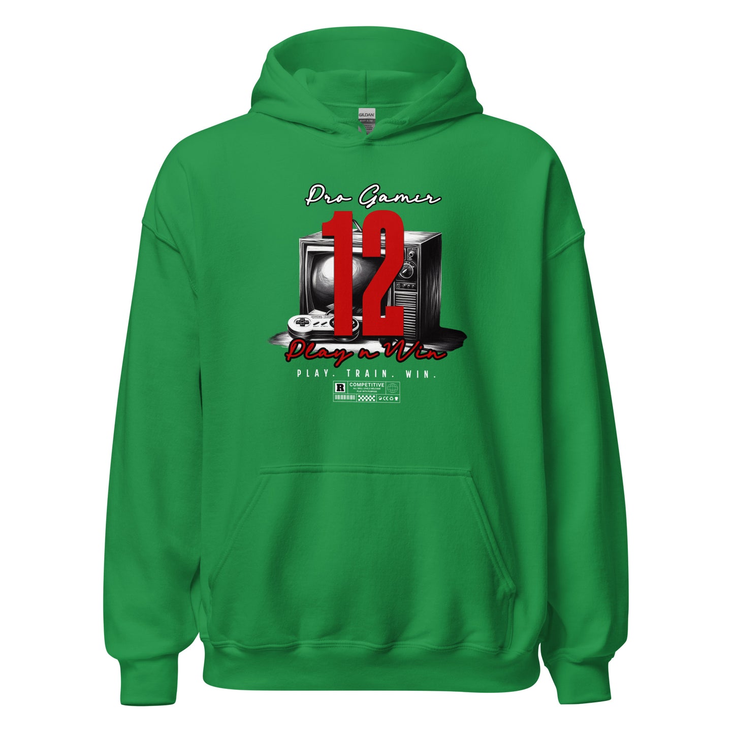 Unisex hoodie with retro TV and controller graphic, bold red “12,” and “Pro Gamer 12” text, gaming streetwear by LostLogicCo Canada