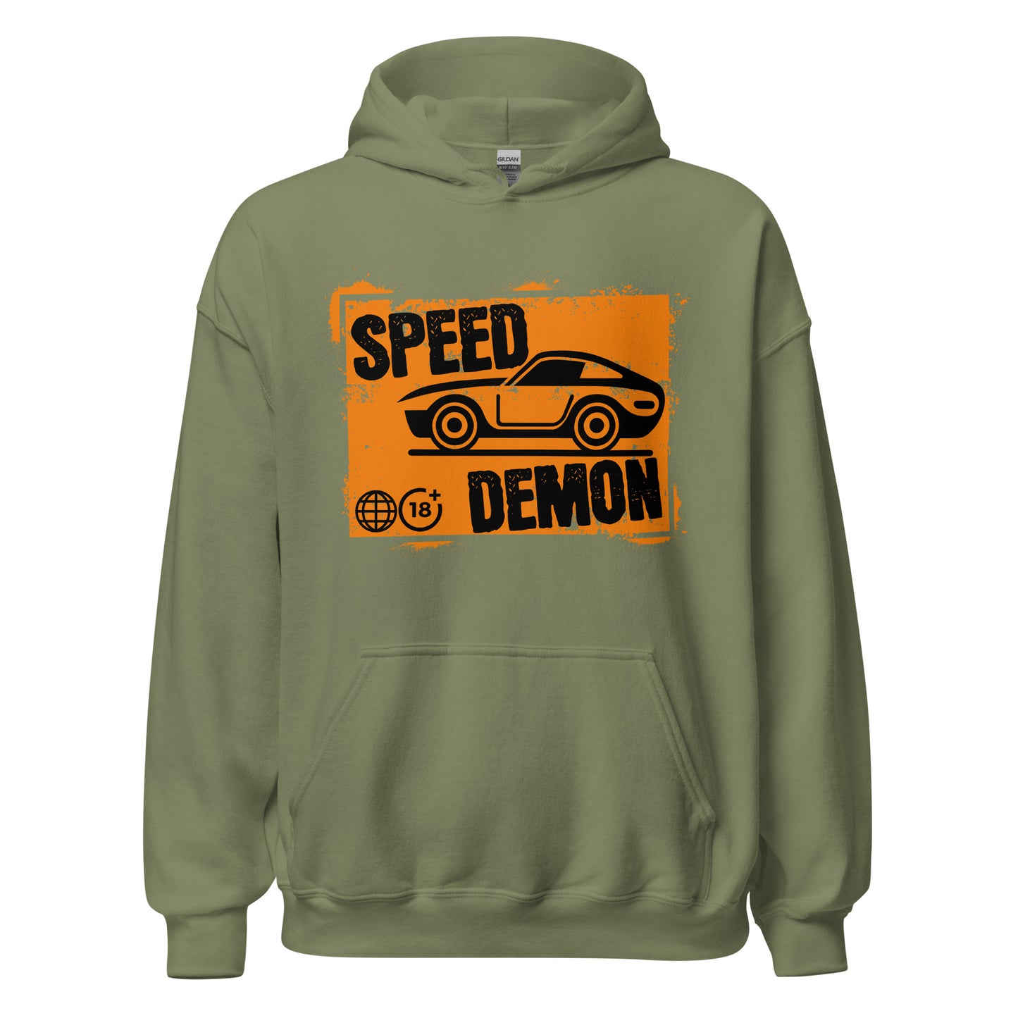Unisex hoodie with “Speed Demon” distressed car graphic in orange, automotive streetwear design by LostLogicCo Canada