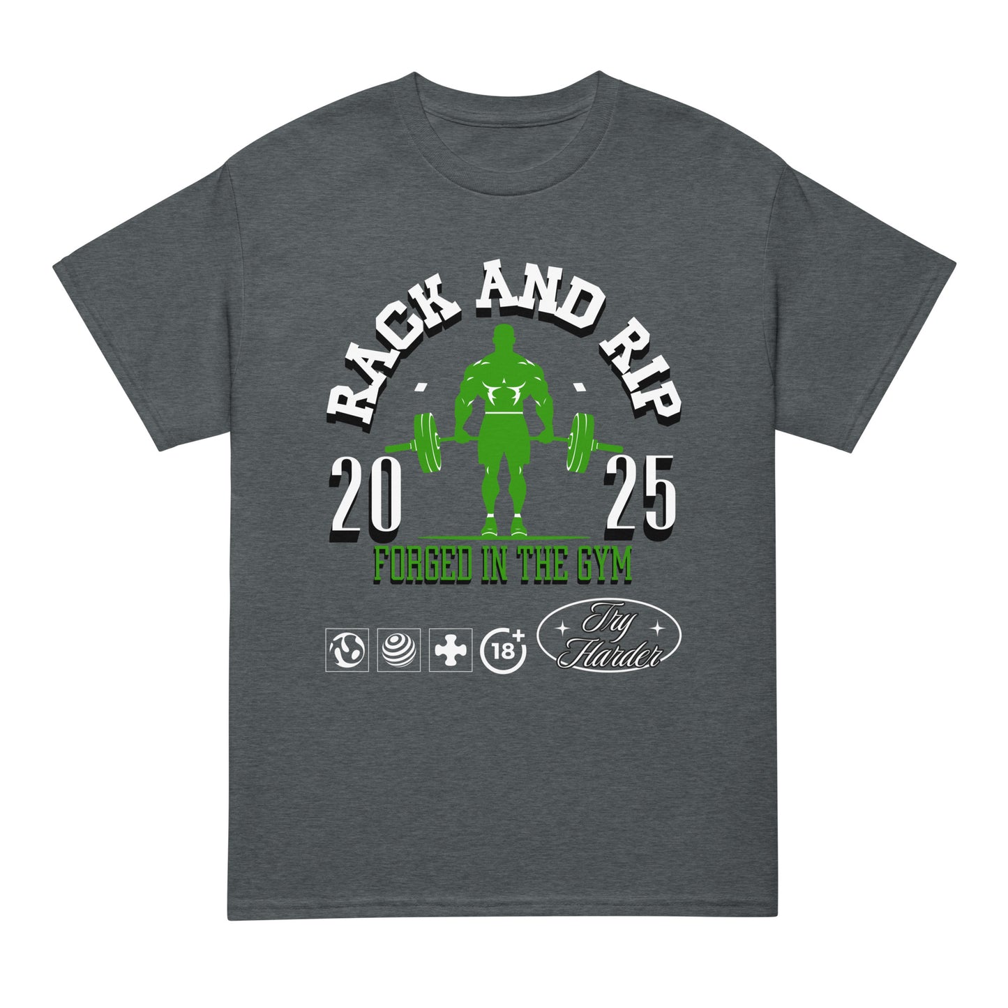 Unisex fitness t-shirt with “RACK AND RIP Forged in the Gym” design featuring green weightlifter, DryBlend sports tee by LostLogicCo Canada