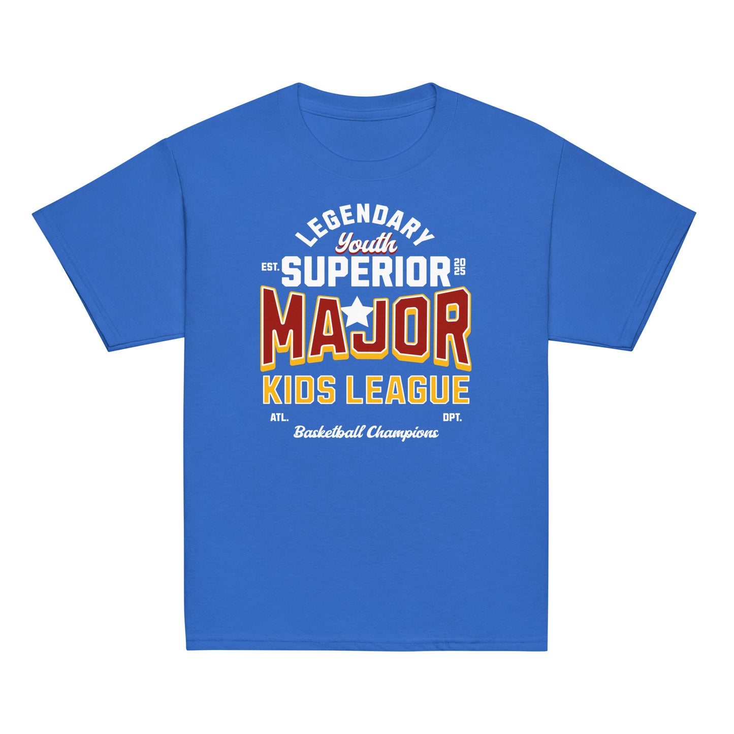 Youth t-shirt with “Major Kids League” varsity-style typography design, 100% cotton classic tee by LostLogicCo Canada