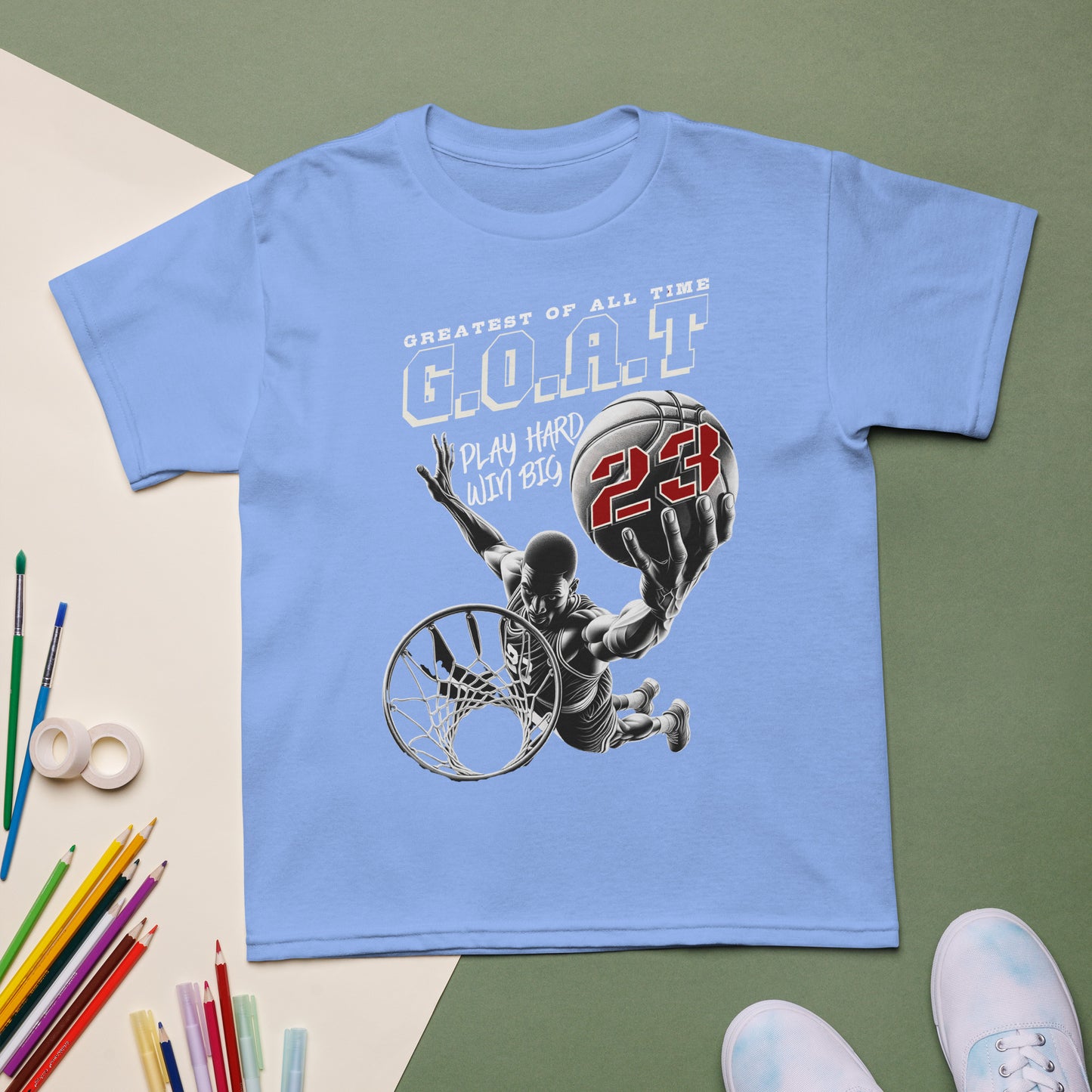 Youth basketball t-shirt with “G.O.A.T Slam Dunk 23” design, cotton-poly short sleeve kids tee by LostLogicCo Canada
