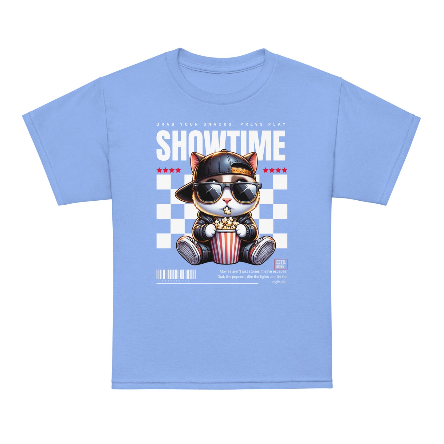 Youth t-shirt with “Showtime” cool cat popcorn movie design, moisture-wicking cotton-poly tee by LostLogicCo Canada