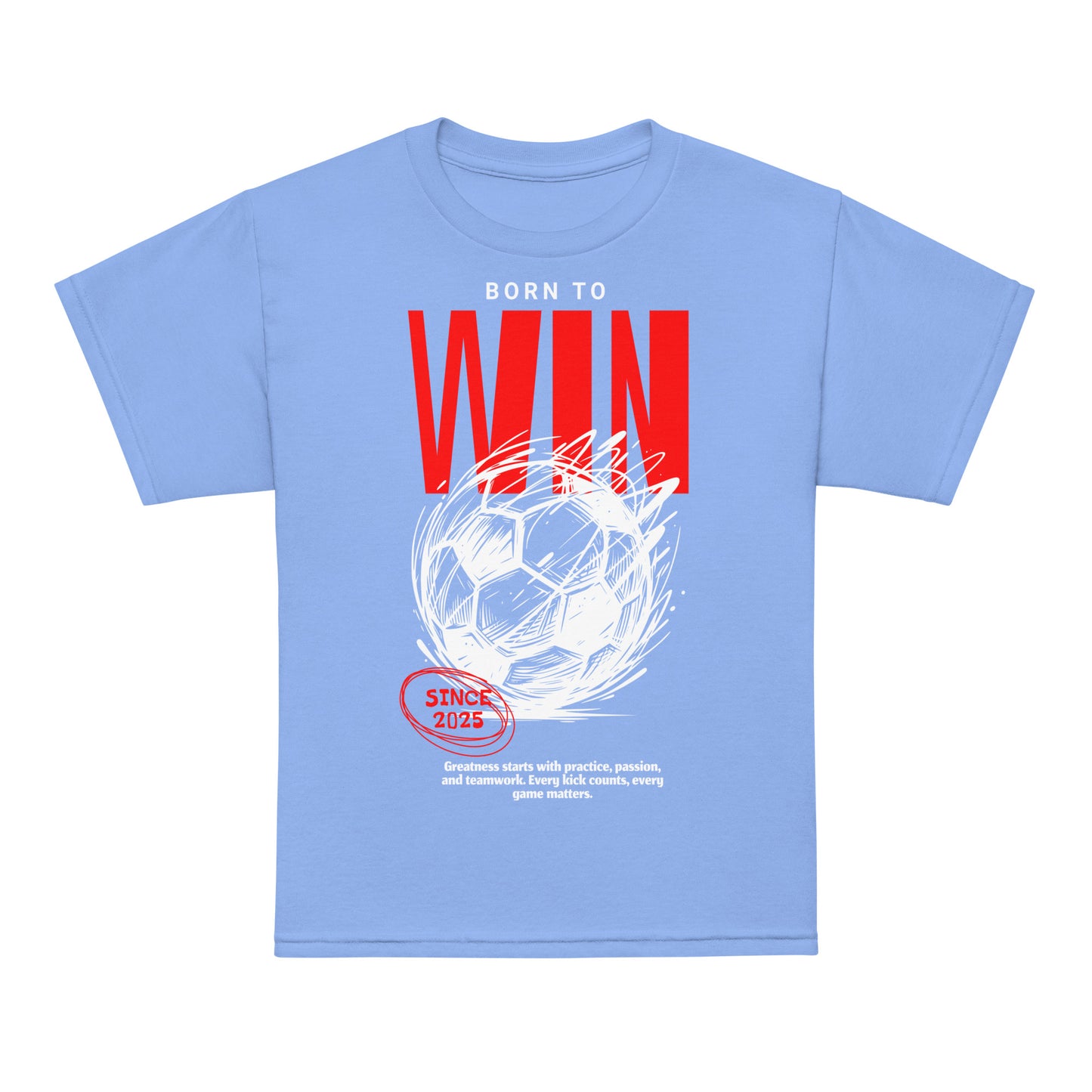 Youth t-shirt with “Born to Win” bold soccer design, moisture-wicking cotton-poly tee by LostLogicCo Canada