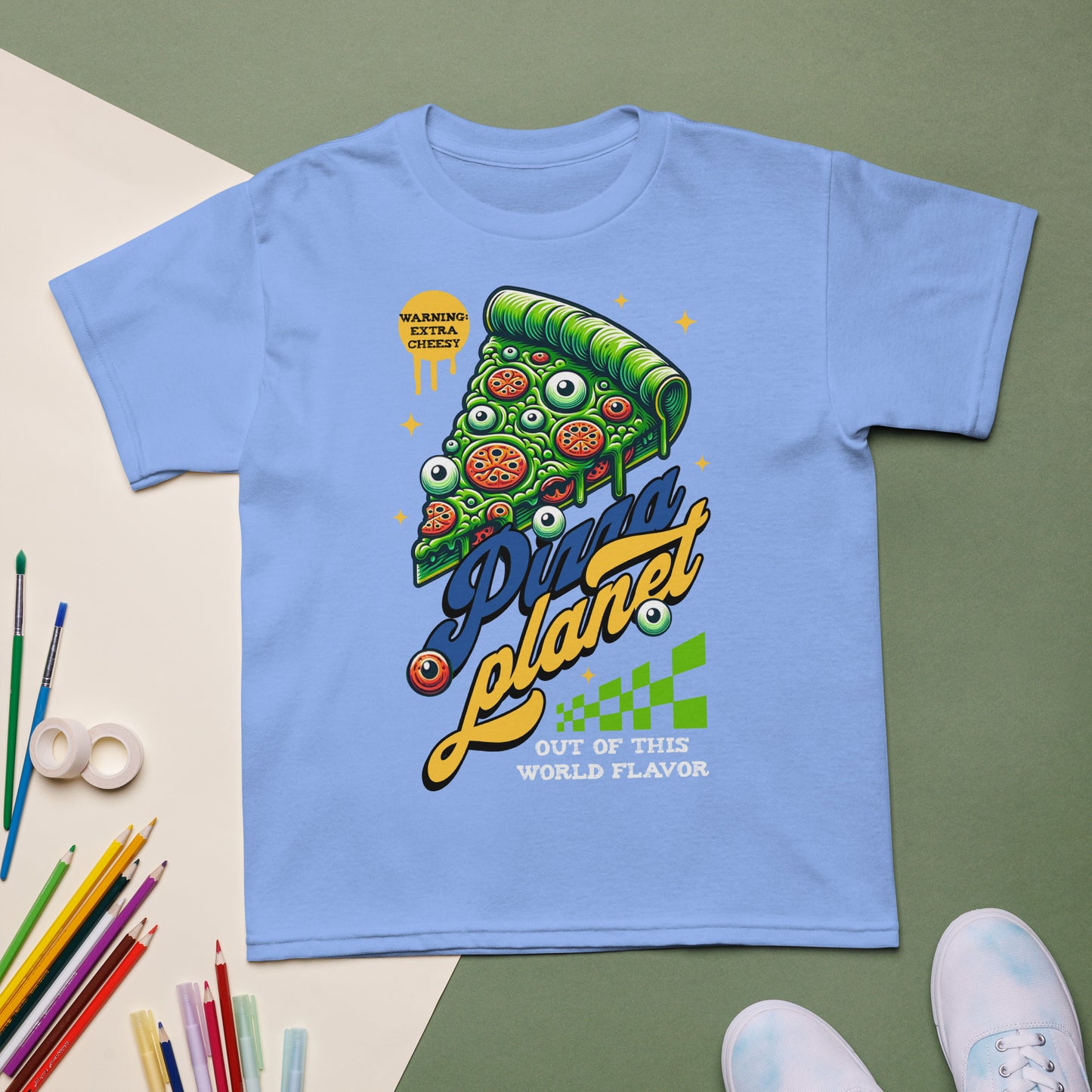 Youth t-shirt with “Pizza Planet” colorful cosmic pizza design, moisture-wicking cotton-poly tee by LostLogicCo Canada