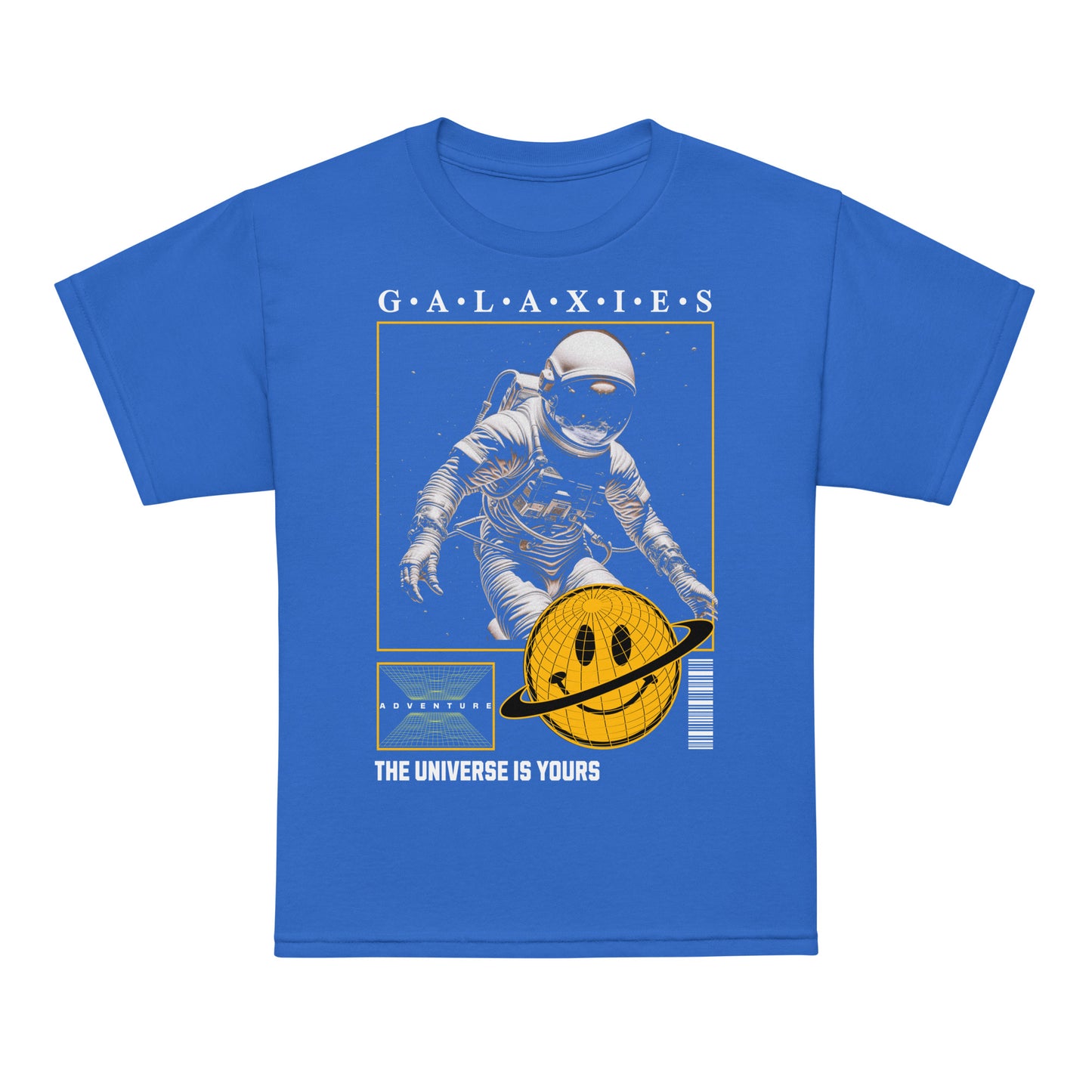 Youth t-shirt with astronaut and smiley planet design, “The Universe Is Yours” space-themed graphic tee by LostLogicCo Canada