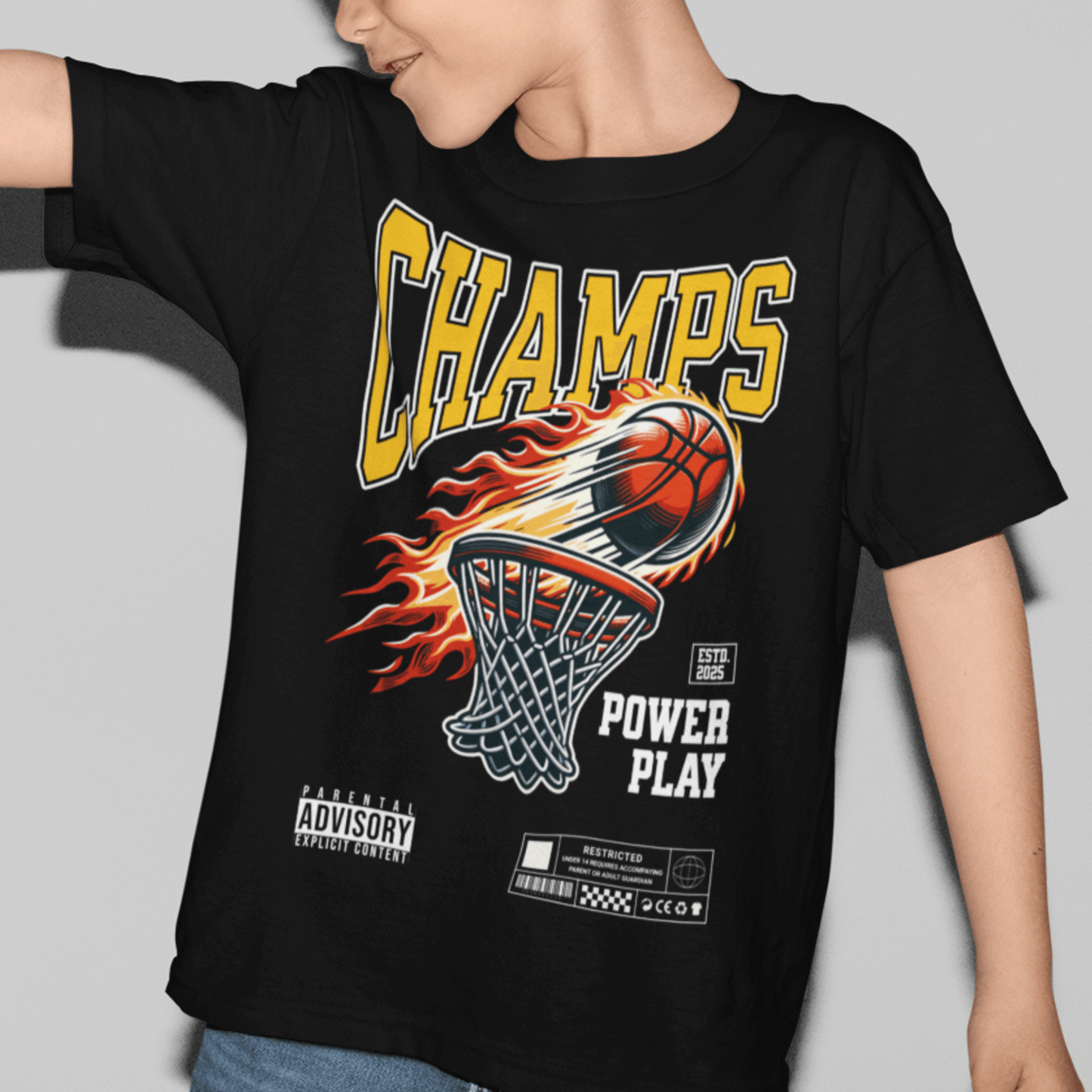 Child wearing “Champs Power Play” basketball kids t-shirt, sporty youth moisture-wicking tee by LostLogicCo Canada
