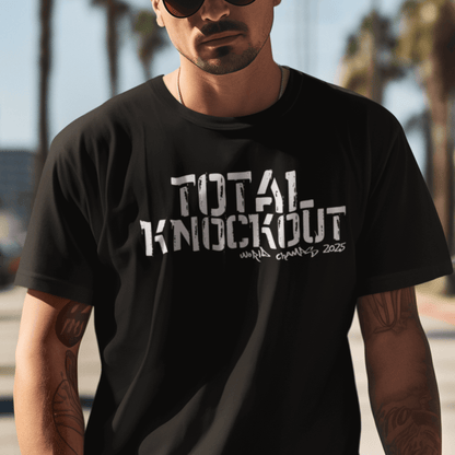 Model wearing unisex typography t-shirt with “Total Knockout” bold combat design, casual cotton tee by LostLogicCo Canada