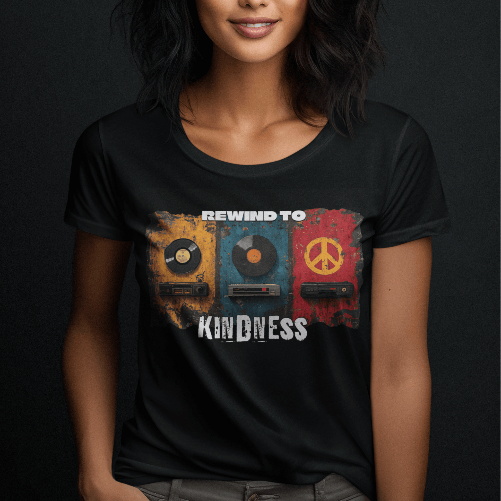 Model wearing unisex graphic t-shirt with “Rewind to Kindness” retro music design, casual cotton tee by LostLogicCo Canada