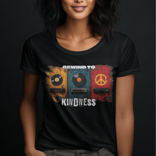 Model wearing unisex graphic t-shirt with “Rewind to Kindness” retro music design, casual cotton tee by LostLogicCo Canada