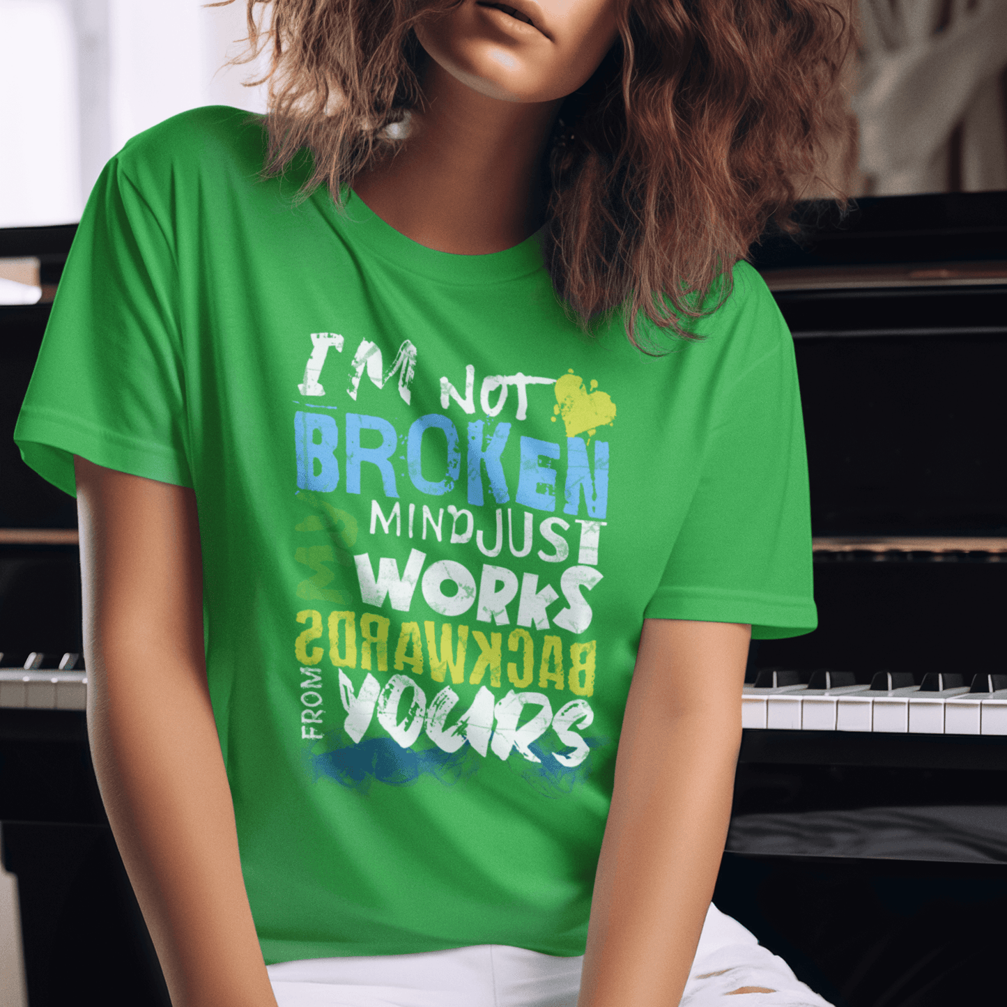 Model wearing unisex typography t-shirt with “I’m Not Broken My Mind Works Backwards From Yours” design, casual softstyle cotton tee by LostLogicCo Canada