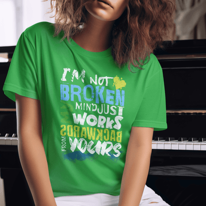 Model wearing unisex typography t-shirt with “I’m Not Broken My Mind Works Backwards From Yours” design, casual softstyle cotton tee by LostLogicCo Canada