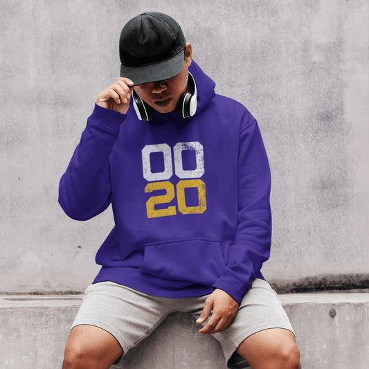 Model wearing purple hoodie featuring stacked “00–20” bold numeric design, minimal streetwear by LostLogicCo Canada