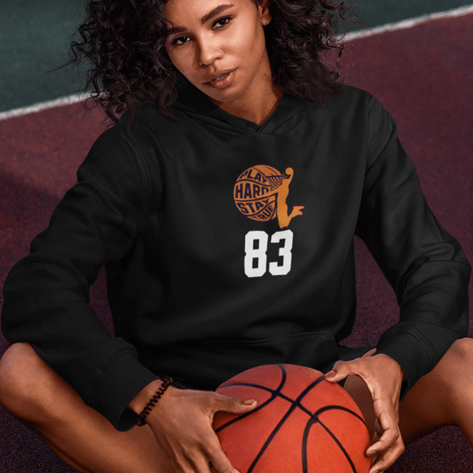 Model wearing black hoodie featuring bold “83” number and Hard Mode gamer emblem, unisex streetwear by LostLogicCo Canada
