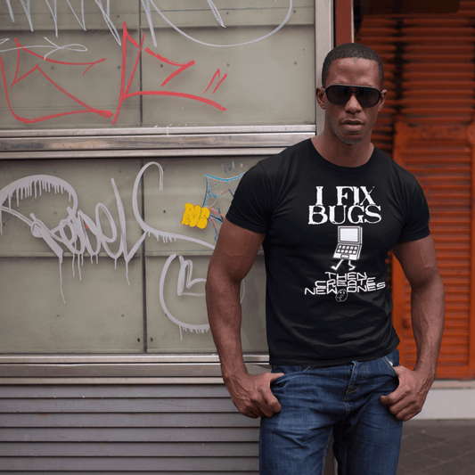 Model wearing black unisex t-shirt featuring “I Fix Bugs” coding humor typography and computer graphic, developer apparel by LostLogicCo Canada