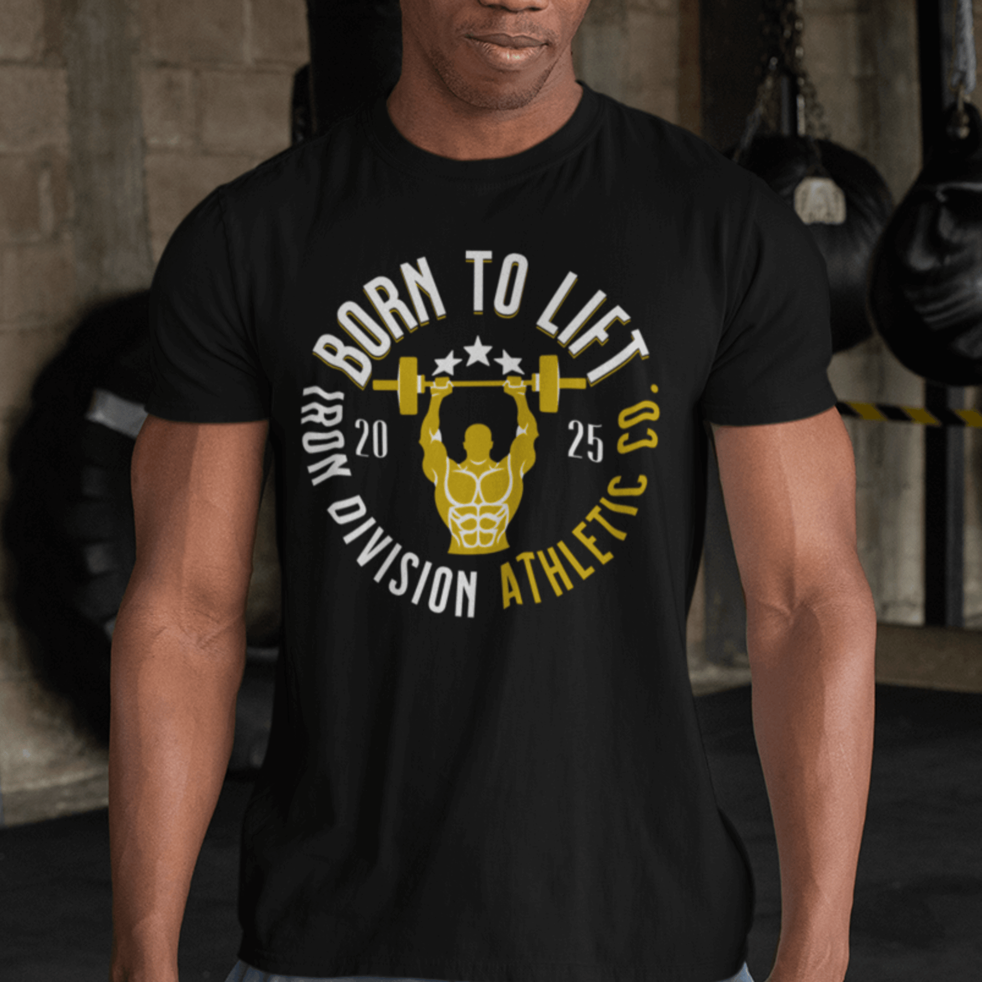 Model wearing “Born To Lift Iron Division Athletic Co.” gym t-shirt with barbell lifter print, unisex classic tee by LostLogicCo Canada