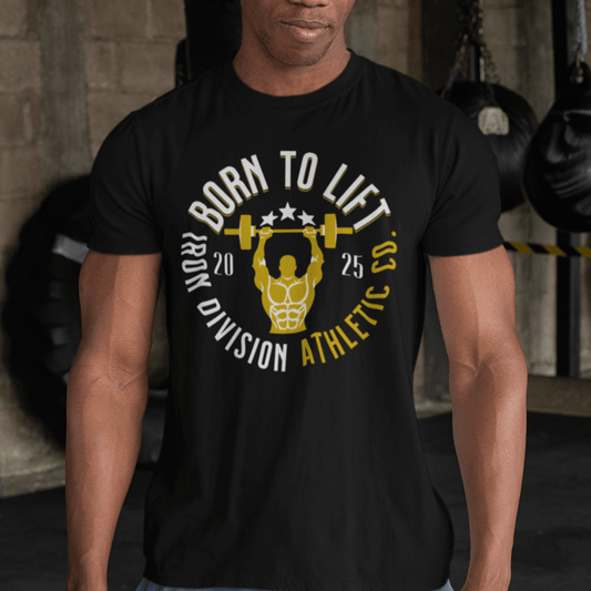 Model wearing “Born To Lift Iron Division Athletic Co.” gym t-shirt with barbell lifter print, unisex classic tee by LostLogicCo Canada
