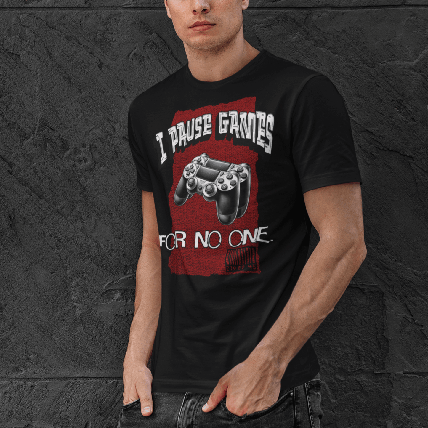 Model wearing unisex gamer t-shirt with “I Pause Games for No One” design, casual short sleeve tee by LostLogicCo Canada