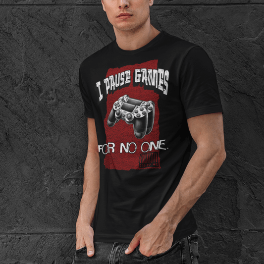 Model wearing unisex gamer t-shirt with “I Pause Games for No One” design, casual short sleeve tee by LostLogicCo Canada